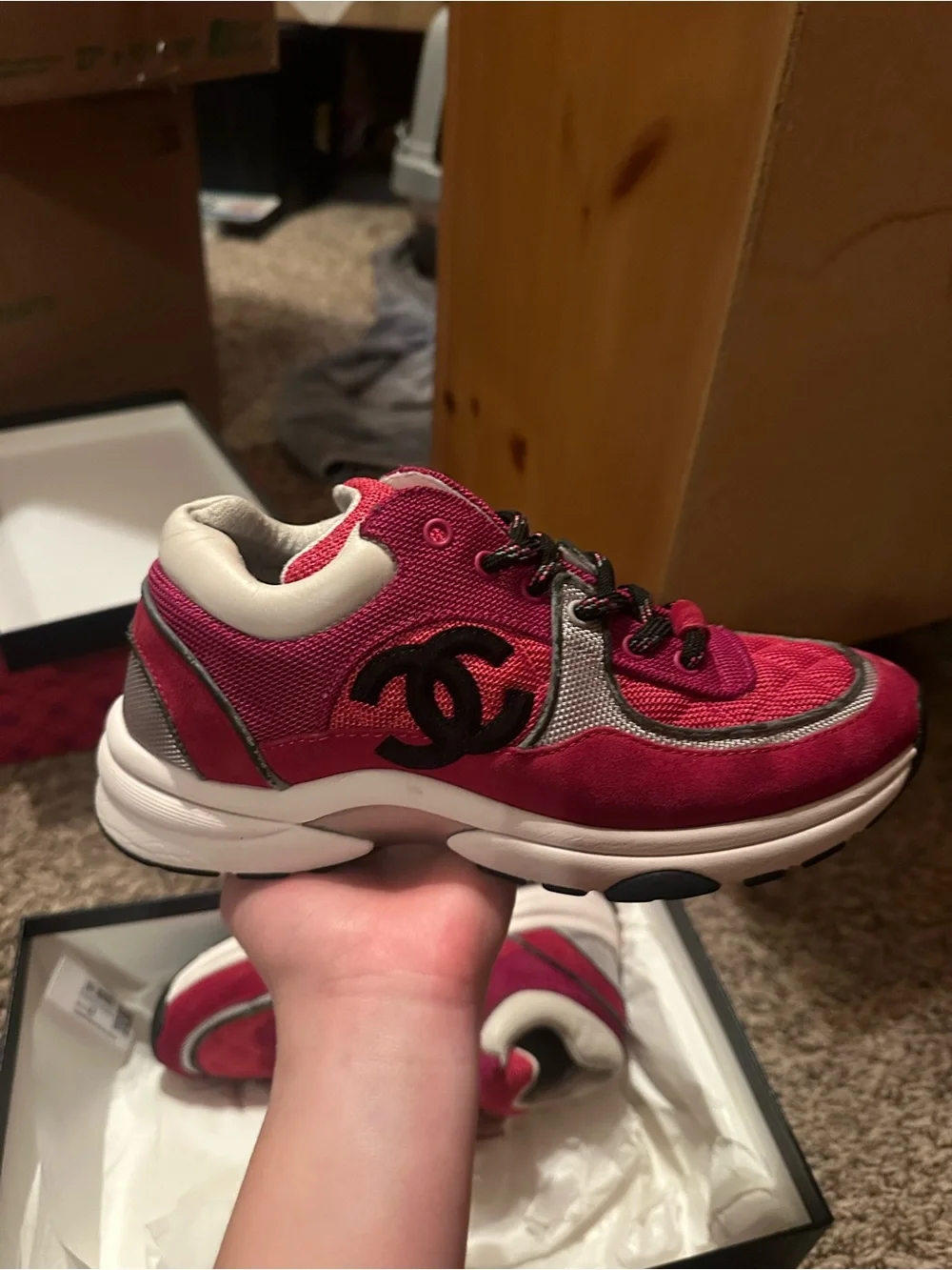 CHANEL Magenta Suede & Mesh Chunky Sneakers